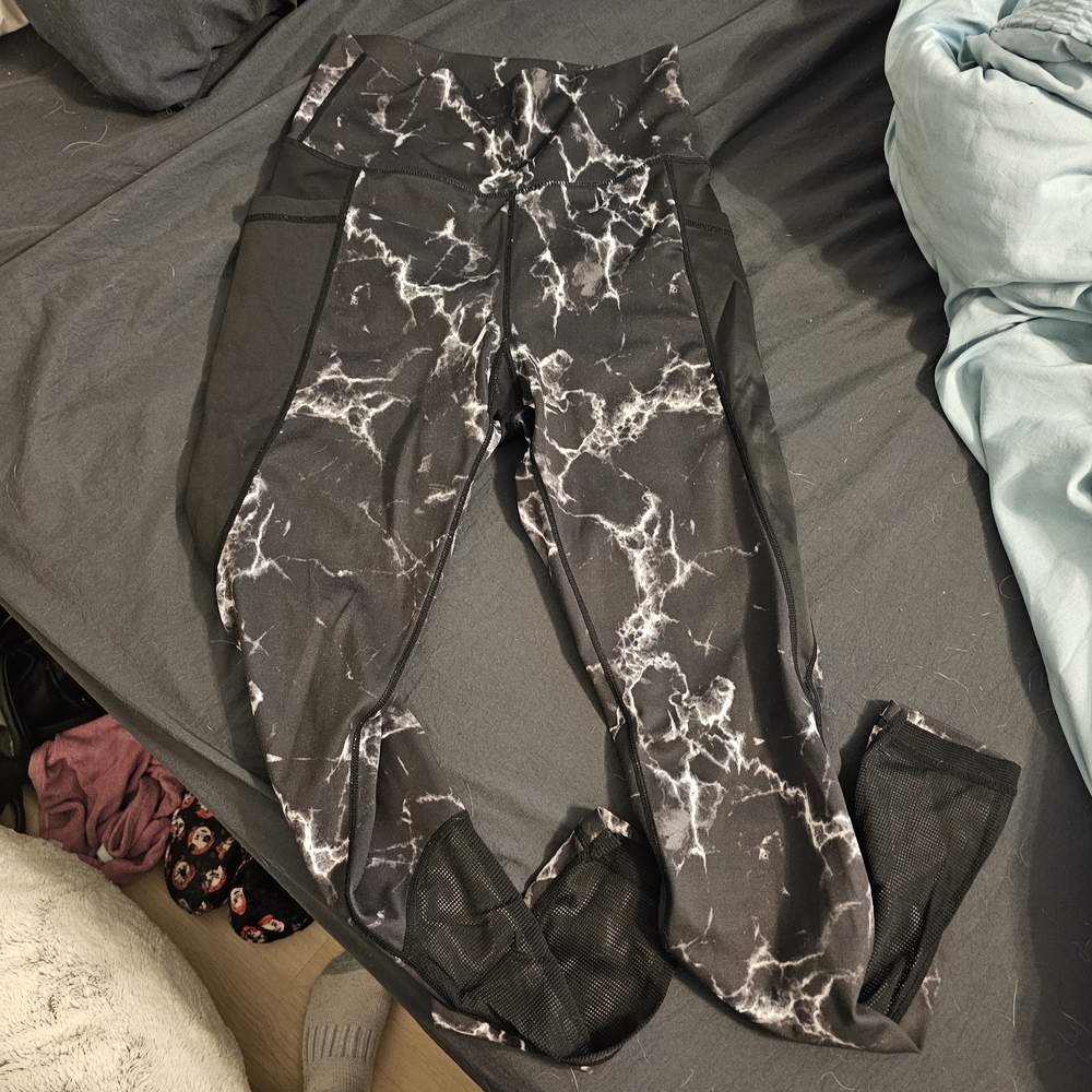 BuffBunny Black Marble Leggings with Mesh Accents